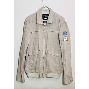 Fishbone Mens Tan Plaid Full Zip Bomber Jacket XXL Multi Pocket Utility‎ Patch